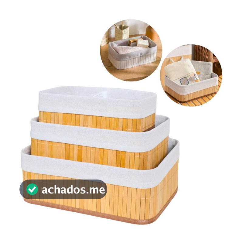 Kit 3 Cestos Organizadores de Bambu Multiuso com Forro - KONTUZ - Caixas e Cestos - Magazine Lojinhadalluh