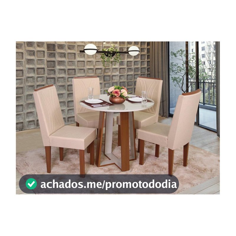 Mesa de Jantar 4 Cadeiras Redonda Naturalle e Off-White Tampo de Vidro Laís Móveis São Carlos