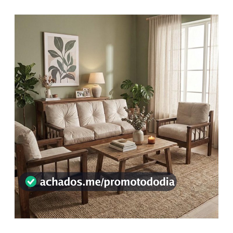 Sofá 3 Lugares e 2 Poltronas Madeira Maciça Almofadas Veludo