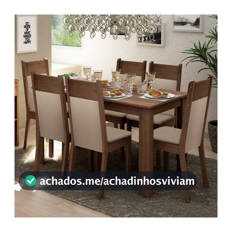 Conjunto Sala de Jantar Mesa Tampo de Madeira 6 Cadeiras Rustic/Crema/Bege Jaíne Madesa - Mesa de Jantar 4 Cadeiras