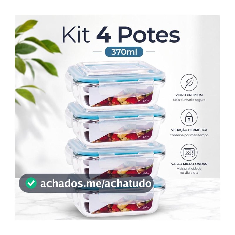 KIT 4 Potes de Vidro Retangular com Tampa Hermética 370ml