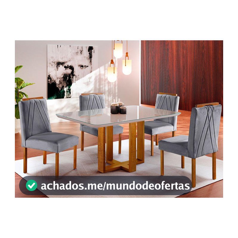 Conjunto Sala de Jantar Mesa Tampo de Vidro 4 Cadeiras Lisboa Mundial Móveis Mel/Cinza - Móveis Mundial - Outros Móveis