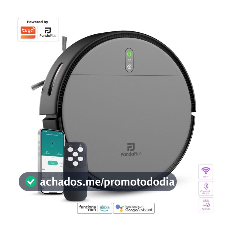 Aspirador Robô Inteligente Com App Alexa Google Wifi PandaPlus AMGR1 Controle Passa Pano Volta Base Bivolt Preto Cinza