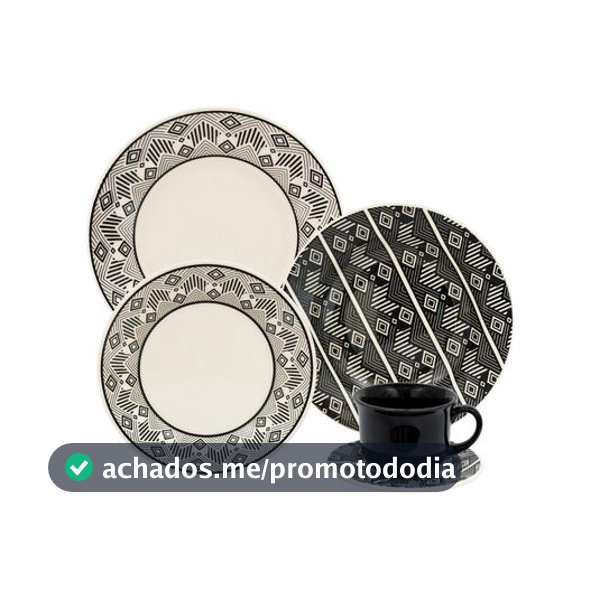 Aparelho de Jantar e Chá 20 Peças Biona de Cerâmica Redondo Bege e Preto Donna