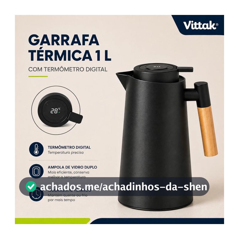 Garrafa Térmica Termômetro Digital 1 Litro Cabo de Madeira Café Chá Nórdica Luxo Vittak - Garrafa Térmica - Magazine Sacafarelli