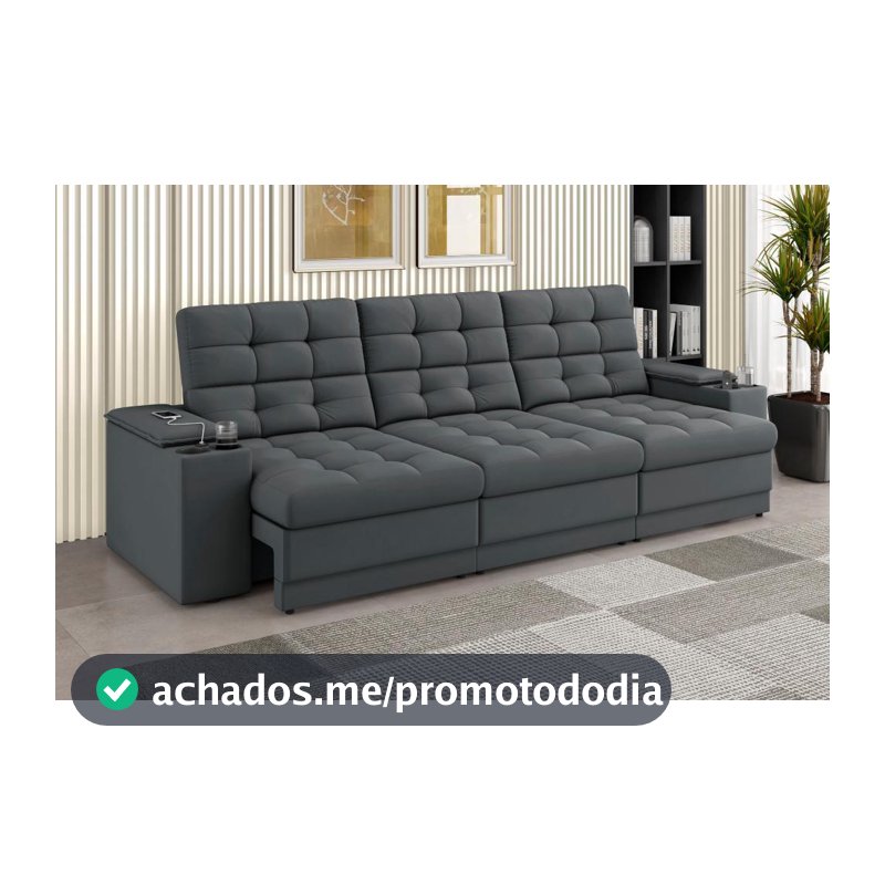 Sofá Confort Premium 2,30m Assento Retrátil/Reclinável porta copos e USB Suede Cinza - XFlex Sofas