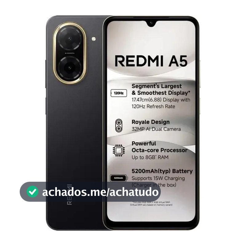 Smartphone Celular Xiaomi Redmi A5, Dual SIM 4G, Tela 6,88, HD 120Hz, Câm. 32MP com IA, Bateria 5200mAh, Android 15 Go - Redmi A5 - Magazine Palomadutra