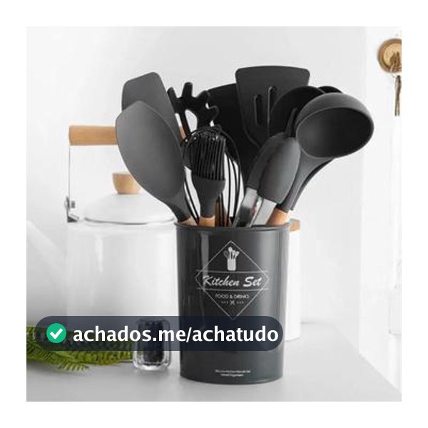 Jogo Kit Com 12 Peças Utensílios De Cozinha Colheres Espatulas Pegador Silicone Copo Suporte - Jodi - Conjunto de Utensílios