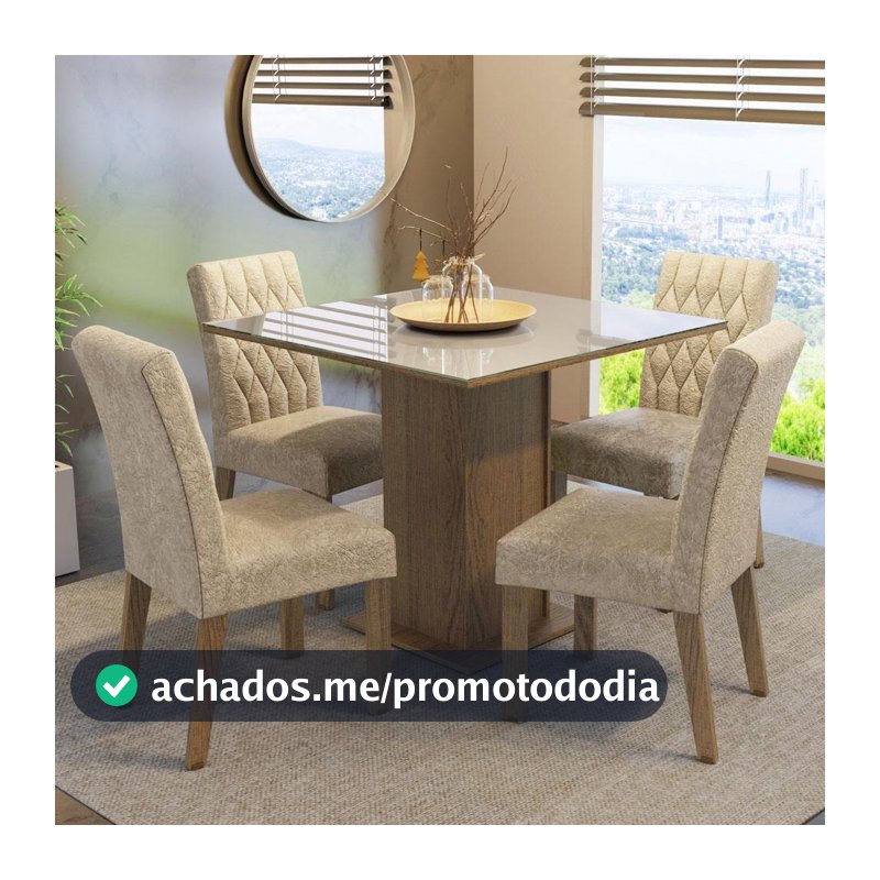 Conjunto Sala de Jantar Mesa Tampo de Vidro 4 Cadeiras Rustic/Crema/Imperial Anaju Madesa