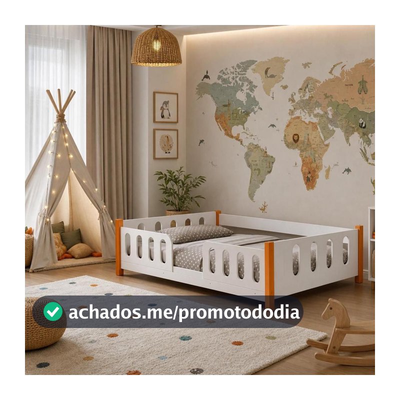 Cama de Criança Infantil Juvenil Montessoriana Melissa com Grade de Proteção Branca