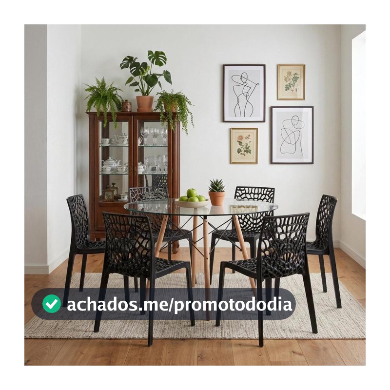 Conjunto Mesa de Jantar Eames Redonda Tampo de Vidro 110cm com 6 Cadeiras Gruvyer Pretas