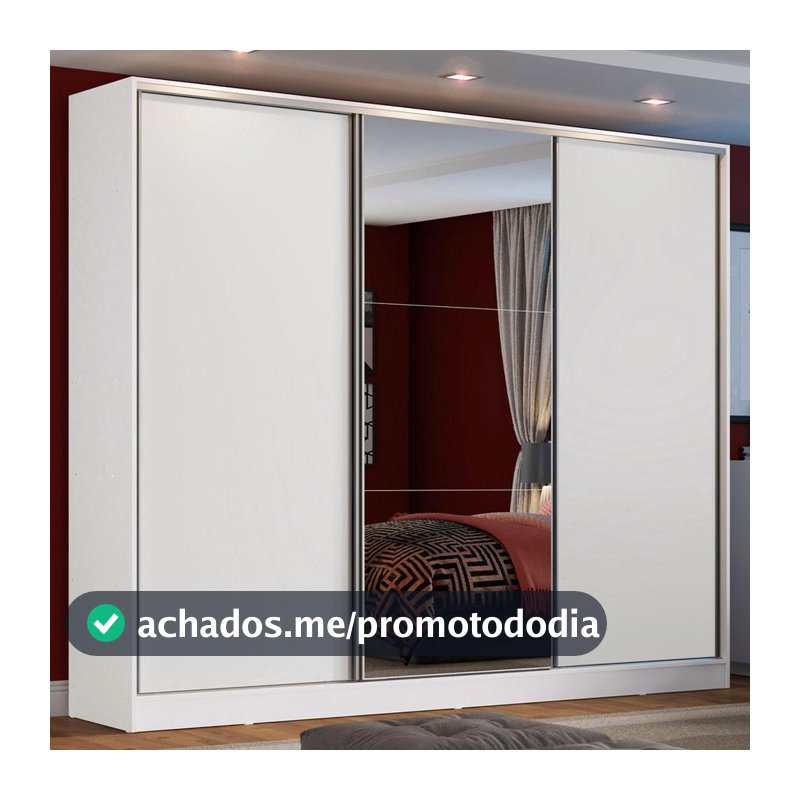 Guarda Roupa Casal 100% MDF Madesa Zurique 3 Portas de Correr com Espelho - Branco