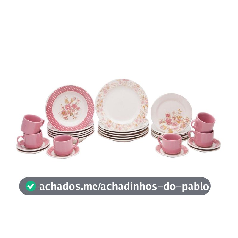 Aparelho de Jantar Chá 30 Peças Biona Cerâmica Redondo Rosa Donna AE30-5160 Oxford