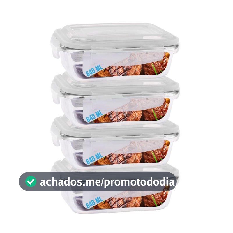 Jogo 4 Potes de Vidro Hermético Marmita Tampa 4 Travas 640ml