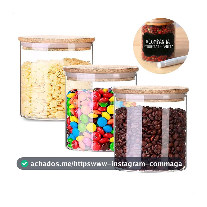 Kit com 3 Potes 600ml de Vidro Herméticos Organizadores de Cozinha Tampa Bambu Etiqueta e Caneta