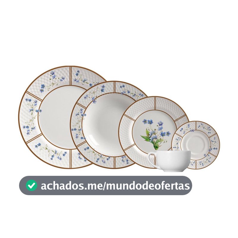 Aparelho de Jantar e Chá 20 Peças Alleanza Redondo Cerâmica Faiança Branco e Marrom Heritage