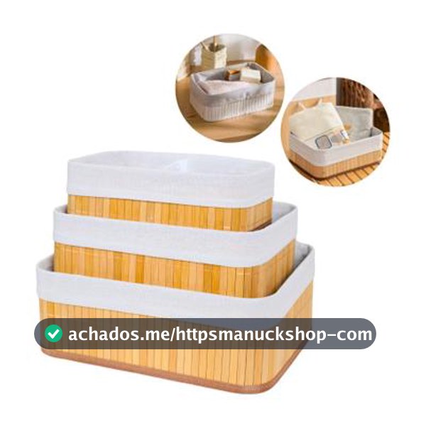 Kit 3 Cestos Organizadores de Bambu Multiuso com Forro - KONTUZ - Caixas e Cestos