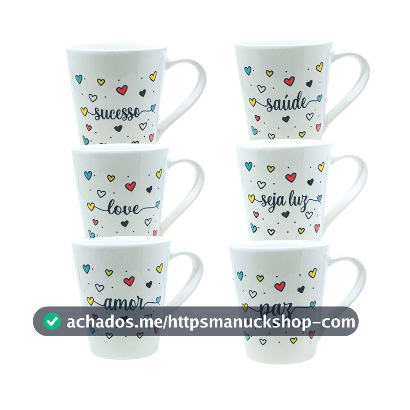 Kit 06 Caneca Poa Coração Frases Amor Paz Gratidão - Mundo Da Porcelana - Bandeira - Magazine Dgbrpromo