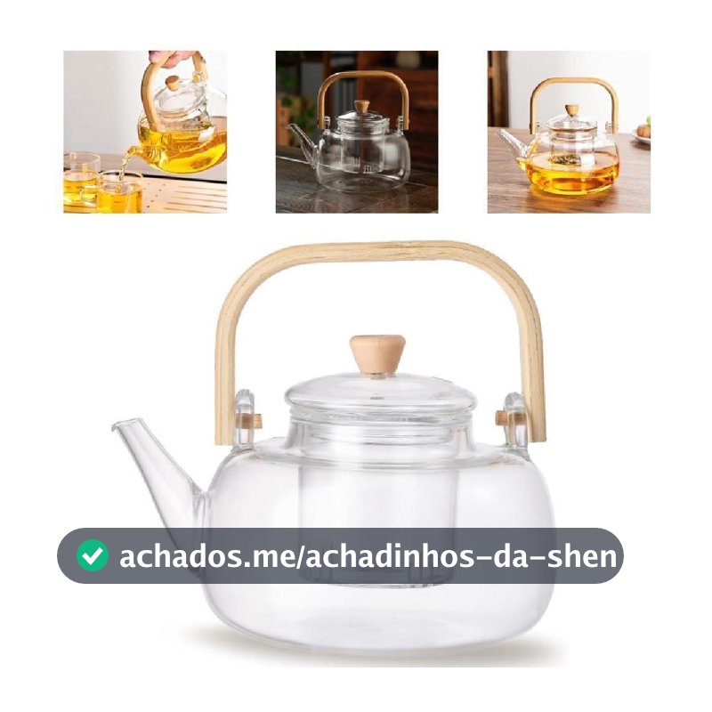 Chaleira de Vidro com Infusor 1L Borossilicato Alça de Bambu para Chá Transparente Yeet