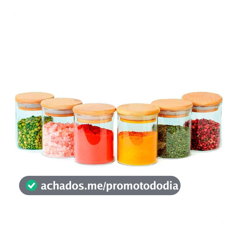 Kit com 6 Potes 200ml de Vidro Herméticos Organizadores de Cozinha Tampa Bambu Etiqueta e Caneta