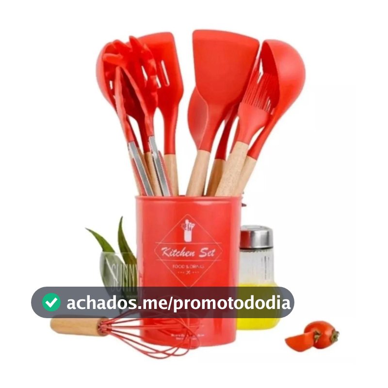 Jogo Kit Com 12 Peças Utensílios De Cozinha Colheres Espatulas Pegador Silicone Copo Suporte