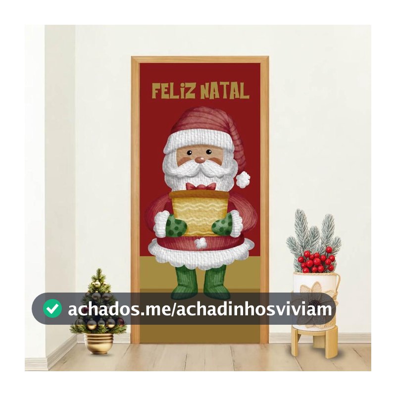 Capa Natalina para Porta com Papai Noel Presente e Frase Feliz Natal Ideal Decoração de Casa Festiva - Use Thuco - Decoração de Natal para Casa