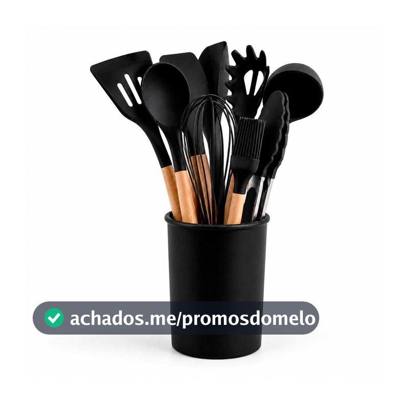 Kit Utensílios Cozinha Silicone 12 Peças Antiaderente com Suporte e Cabo de Madeira