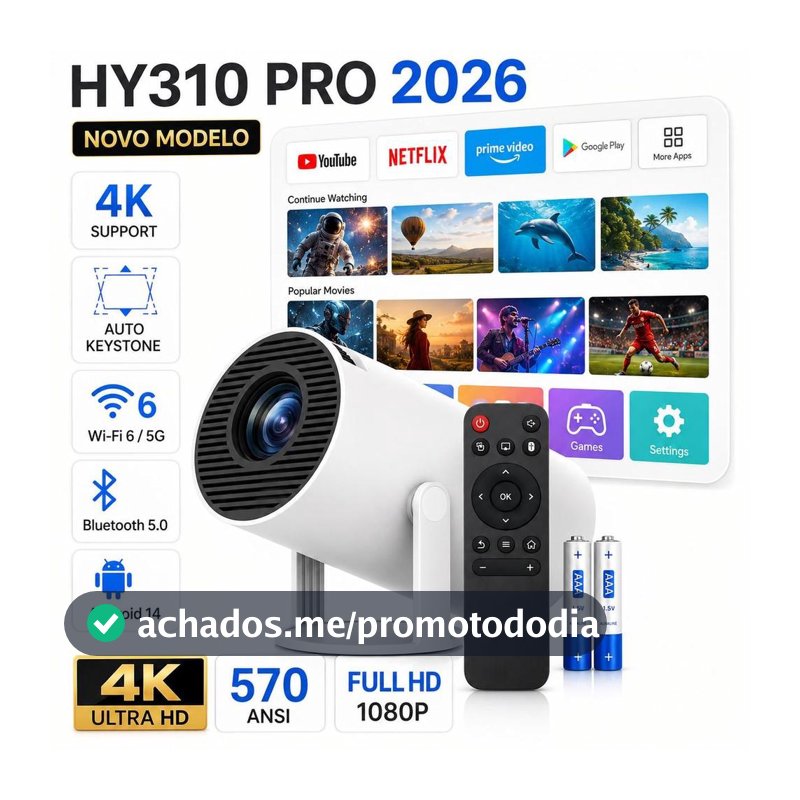 Projetor Inteligente Bivolt Hy310 Pró 2026 Modelo Novo Grande 570 ANSI 1080P 5G Smart 4K Wifi 6 Bluetooth 5.0 Android 14