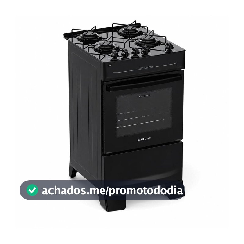 Fogão de Piso 4 Bocas Atlas Tropical Top Glass Preto Bivolt ,Mesa de Vidro, Acendimento Automático e Forno 48L