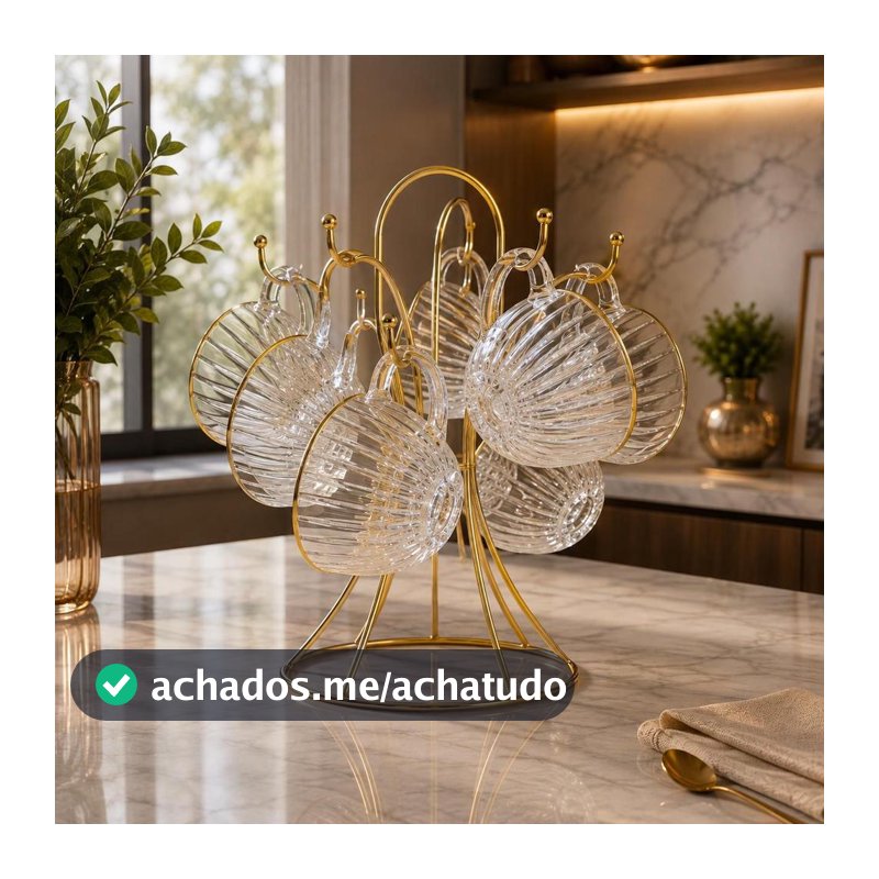 Jogo 6 Xícaras de Café 180ml de Cristal Graffiato com Borda Dourada e Suporte