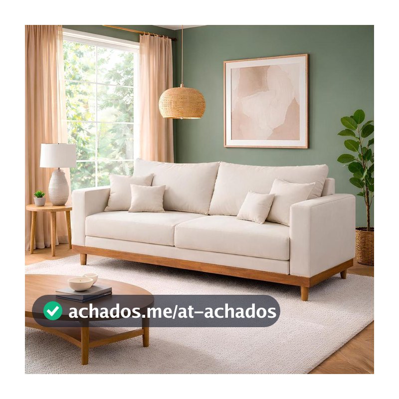 Sofá Living 3 Lugares Suede Resistente Madeira + Almofadas - Balaqui Decor - Sala de Estar Completa