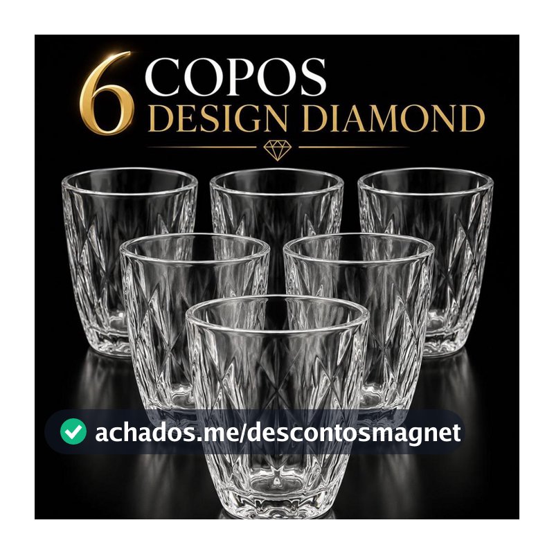 Jogo de Copos Diamante 300ml em Vidro Grosso Transparente  Kit com 6 Unidades