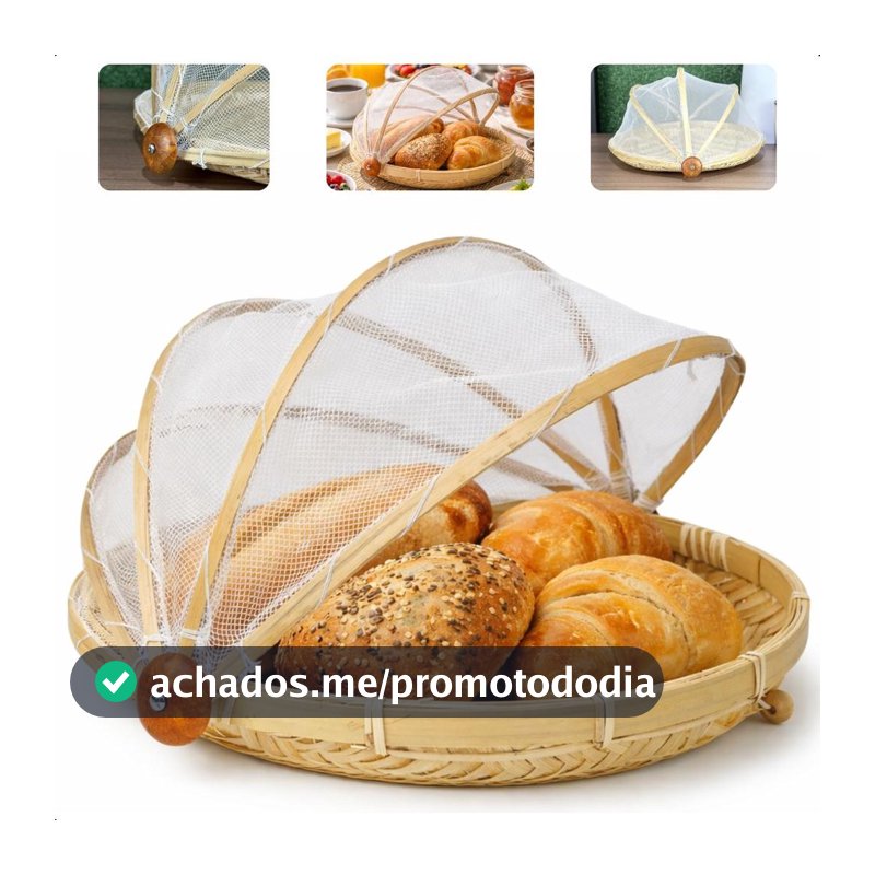 Cesto Porta Pães Bolos Frutas De Bambu Redondo Com Cobertura Retrátil Multiuso Natural 30cm