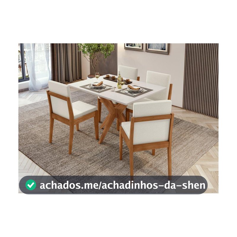 Mesa de Jantar 4 Cadeiras Retangular Madeira Maciça com vidro Nesher Donna