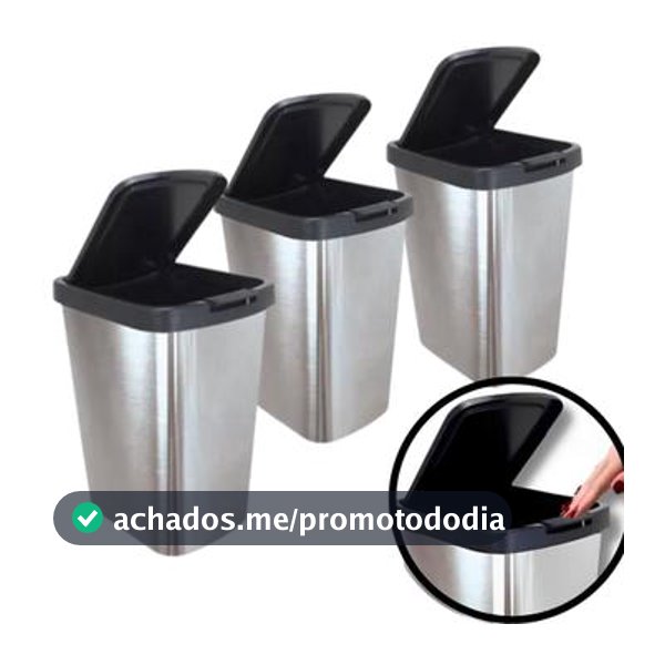 Kit 3 Lixeira Retangular 9 Litros Cesto Lixo Tampa Click Metalizada Banheiro Cozinha Pia