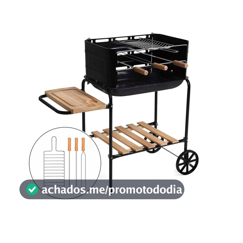 Churrasqueira Carvão Móvel Califórnia Preta Grelha e Espetos