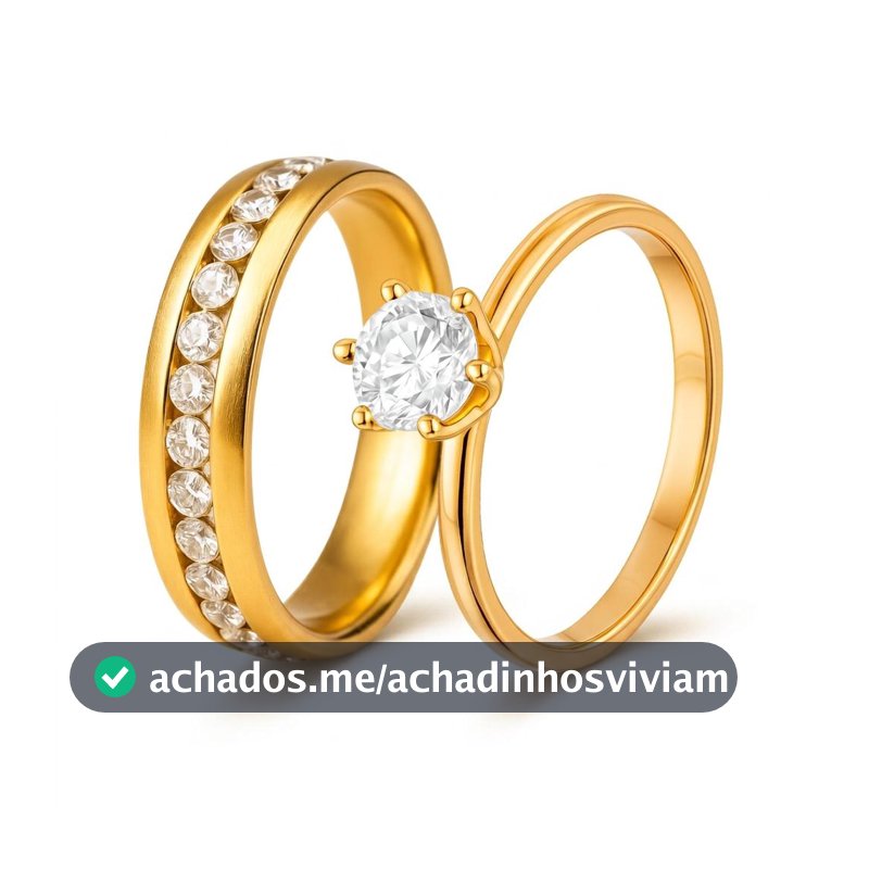 Par de Anéis Dourados Luxuosos 6mm Com Pedras Brancas + Anel Solitário Delicado Banhado a Ouro 18k