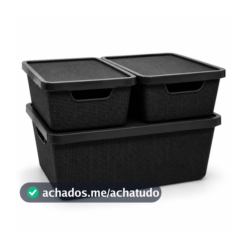 Kit 3 Caixa Organizadora Cesto com tampa grande Caixas em plástico 6L 16L Preto - Leevlar - Caixa Organizadora
