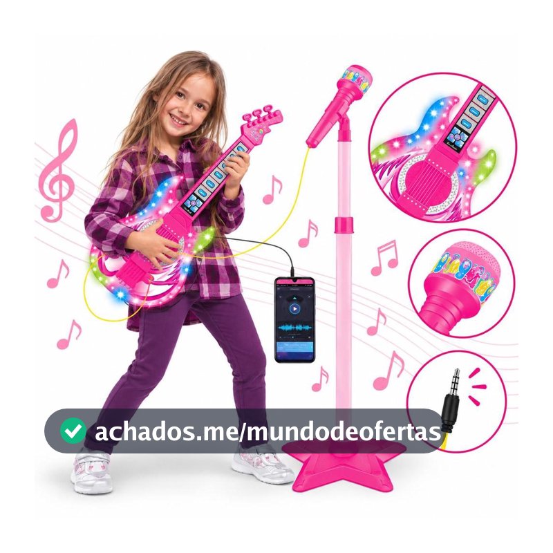 Guitarra Infantil com Microfone Brinquedo Musical Instrumento com Som e Luz - ATENTU - Brinquedos Musicais