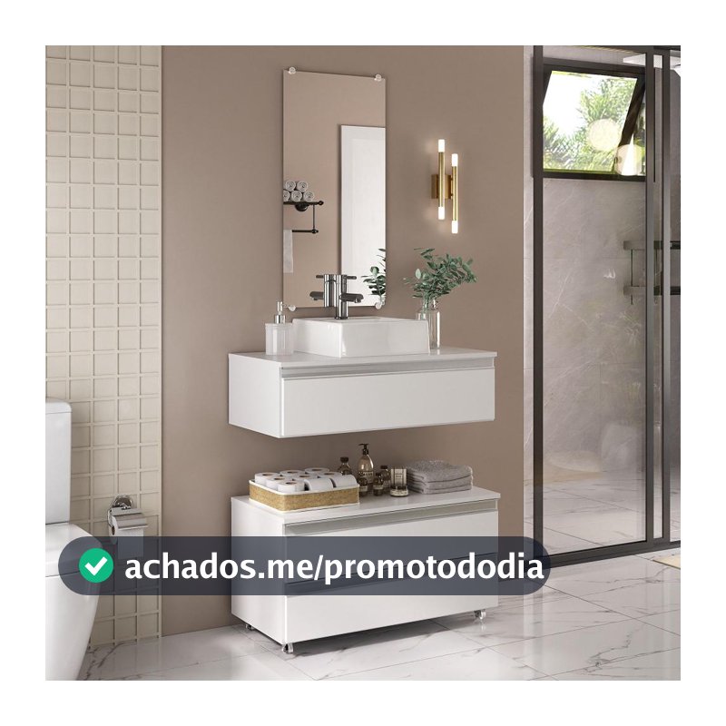 Kit gabinete banheiro creta 80cm + cuba sobrepor + espelho branco inteiro