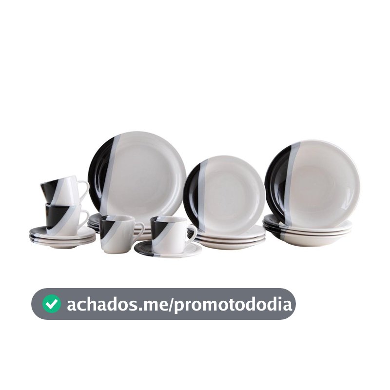 Aparelho de Jantar e Chá 20 Peças Cerâmica Brasilia Redondo Branco e Preto Atual