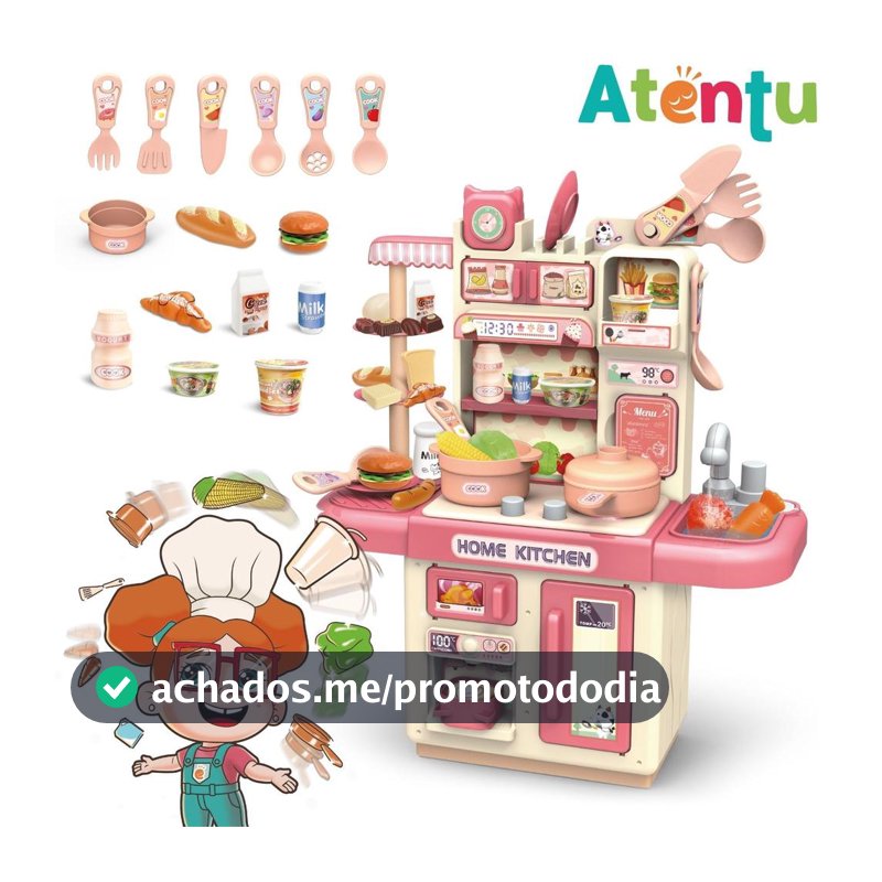 Cozinha Infantil Brinquedo 33 Acessórios com Luz Torneirinha sai Água - ATENTU - Cozinha Infantil