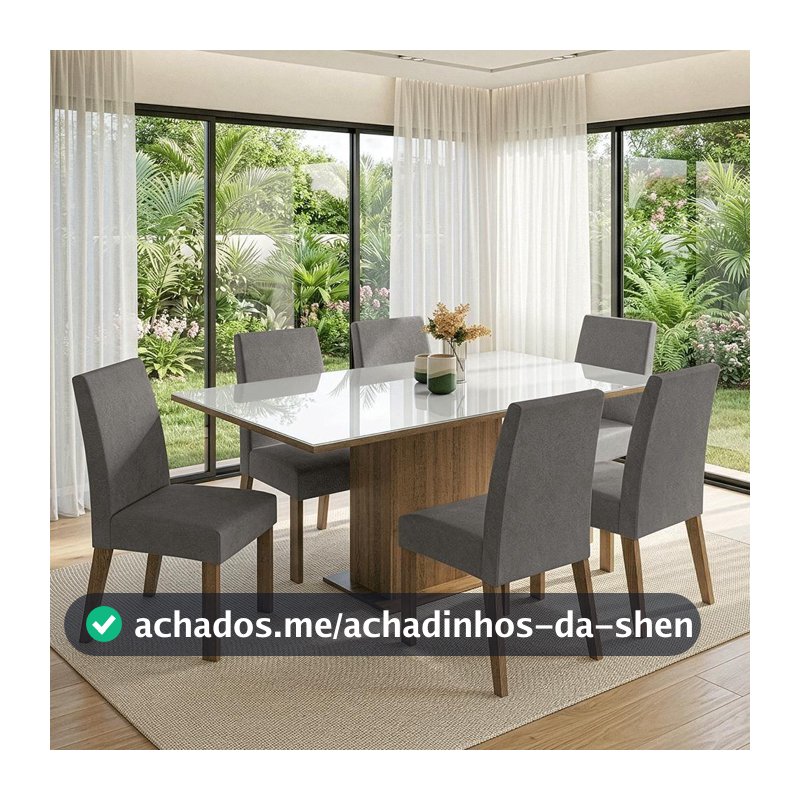 Conjunto Mesa de Jantar Tampo de Vidro 6 Cadeiras Rustic/Branco/Suede Imperial Sofia Madesa