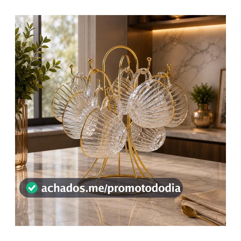 Jogo 6 Xícaras de Café 180ml de Cristal Graffiato com Borda Dourada e Suporte