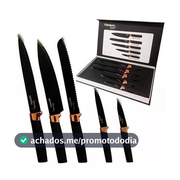 Jogo de Facas Premium Rose Gold 5 Peças Titanium Platina em Aço Inox com Revestimento Titânio - Copo Medidor - Magazine Vistore