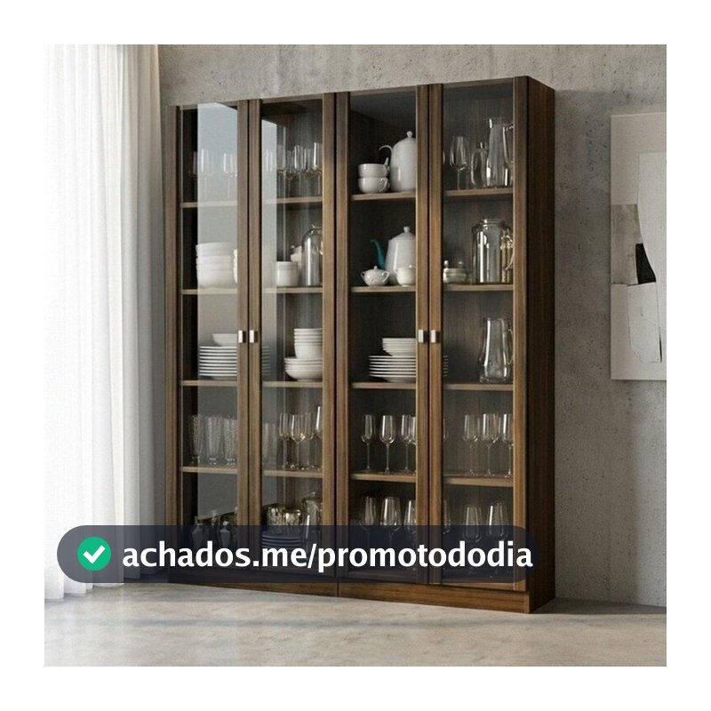 Kit 2 Cristaleiras Multiuso com 4 Portas de Vidro e 8 Prateleiras Marrom/Nogal