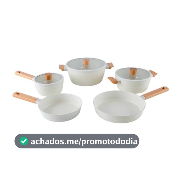 Jogo de Panelas Brinox Revestimento Cerâmico Creme 5 Peças Cabo Amadeirado Ceramic Life Nordic
