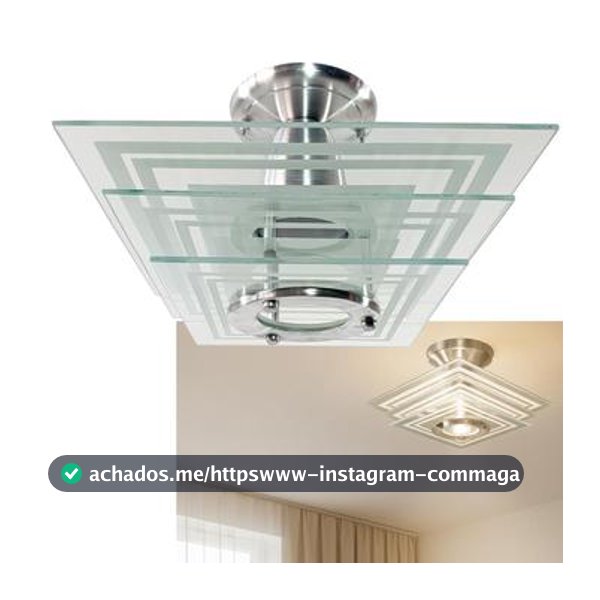 Lustre Plafon Sobrepor Quadrado Vidro Branco Sala Quarto Cozinha Luminária P LED E27 Bivolt Moderno