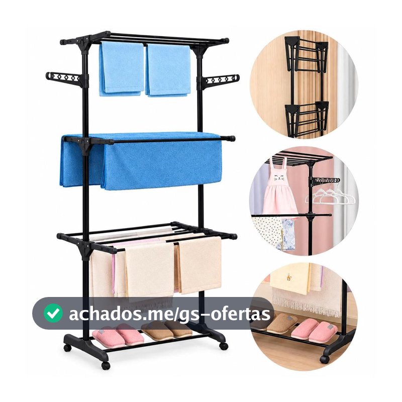 Varal Dobrável De Chão 3 Andares De Roupas Grande Com Rodinha Aba Lateral Retrátil Para Cabide FST101