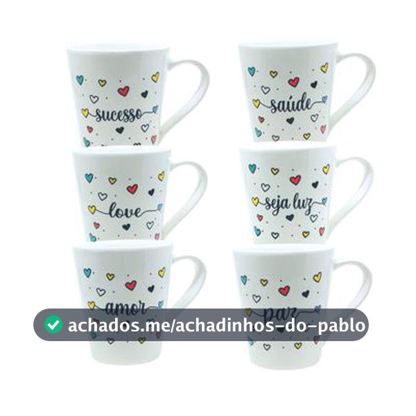 Kit 06 Caneca Poa Coração Frases Amor Paz Gratidão - Mundo Da Porcelana - Bandeira - Magazine Dgbrpromo